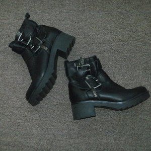 PS Poelman Black Moto Grunge Buckle Biker Zip Up Ankle Boots sz 38 US 7